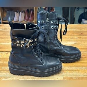 Zara Black Leather Lace Up Biker Ankle Boots